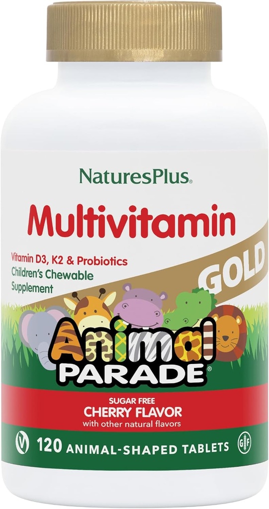 NaturesPlus Animal Parade Gold Children's Chewable Multivitamin - Natural Cherry Flavor - 120 בעלי חיים Shaped-Tablets, Pack of 2 - עם ויטמין D3, K2 & Probiotics - 120 המשרתות הכוללות