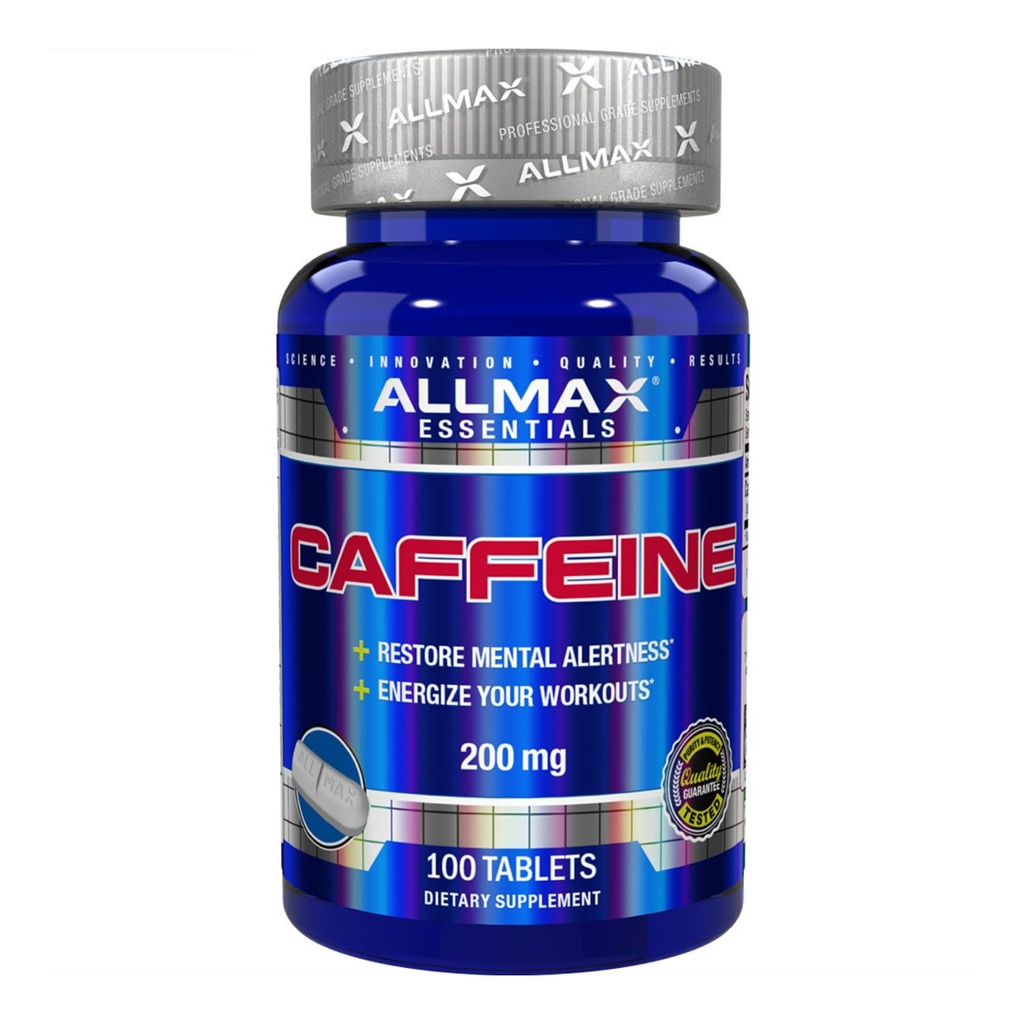 AllMAX Nutrition Caffeine Pills, Sustained Energy & Pre - Workout Mental Focus, Fast Absorbing & טבעוני, 200 מ"ג, 100 טבליות