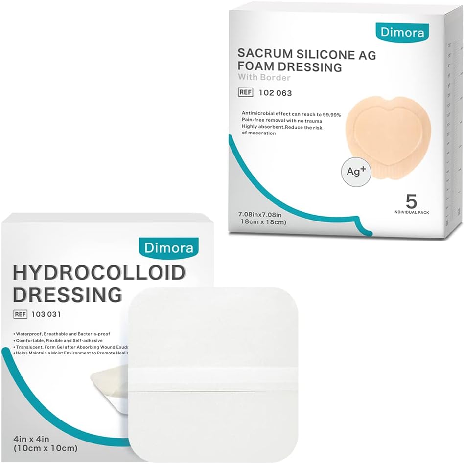 Hydrocolloid Wound Dressing, 10 Pack Ultra Thin 4" + Ag Silver Sacrum Foam Wound Dressing Bandages Silicone Adhesive Border 7