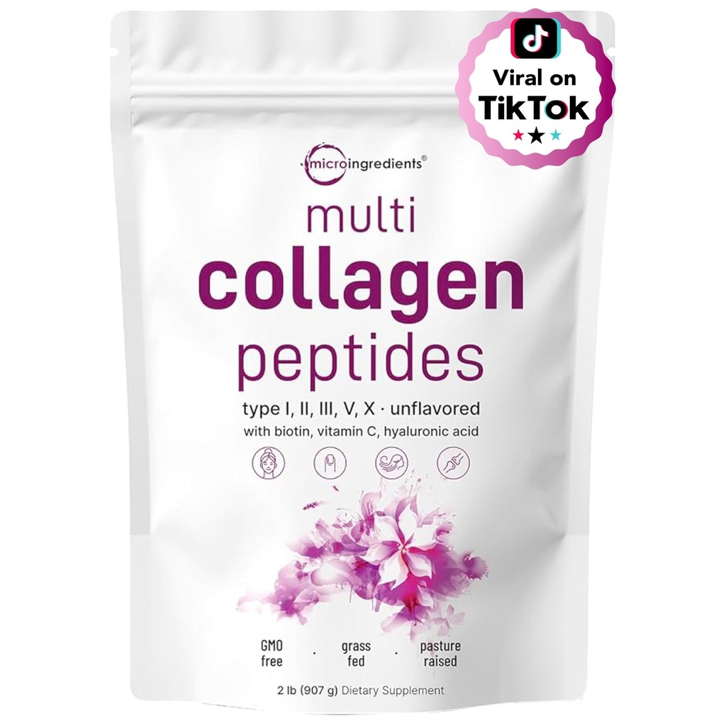 Micro Ingredients Multi Collagen Peptides אבקת 2lb | סוג I, II, III, V, X + Biotin, ויטמין C & Hyaluronic Acid | Unflavored | תומך שיער, עור ובריאות משותפת | Keto, non-GMOtin, ויטמין C & Hyaluronic Acid