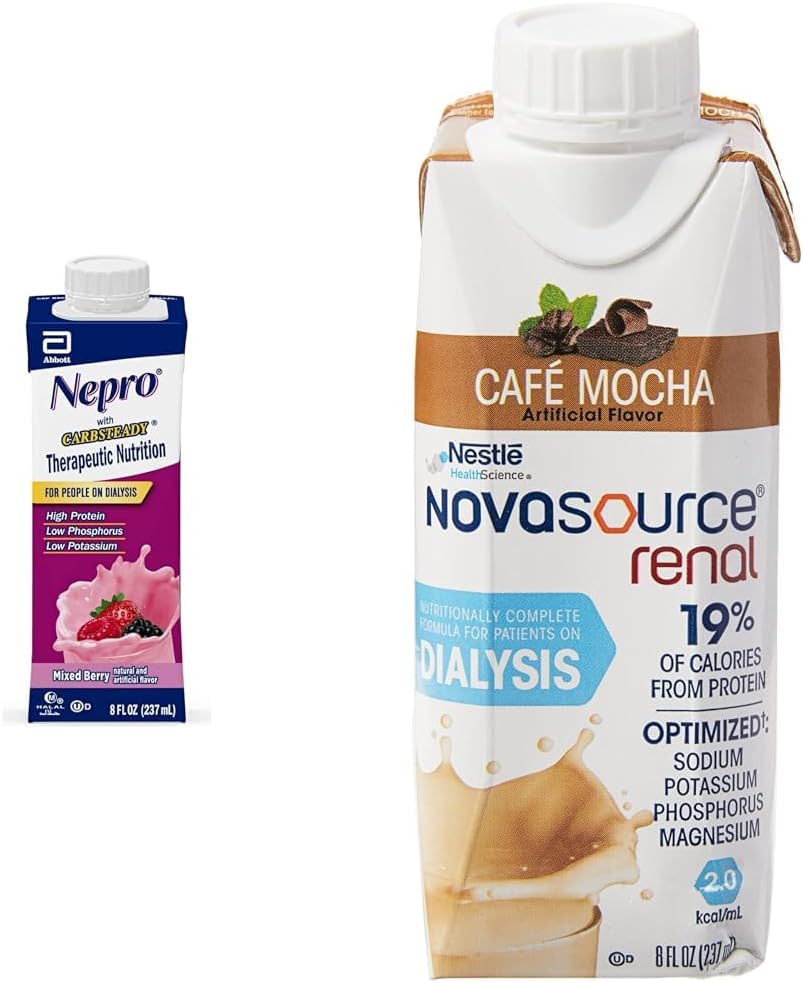 Nepro Nutrition Shake עבור דיאליזה חולים עם 19g חלבון, 420 קלוריות, מעורב ברי, 24 הרוזן ו NOVASOUR פורמולה RenCEal פורמולה עבור חולים דיאליזה עם 475 קלוריות, 22g חלבון, Mocha, 24 הרוזן ו .