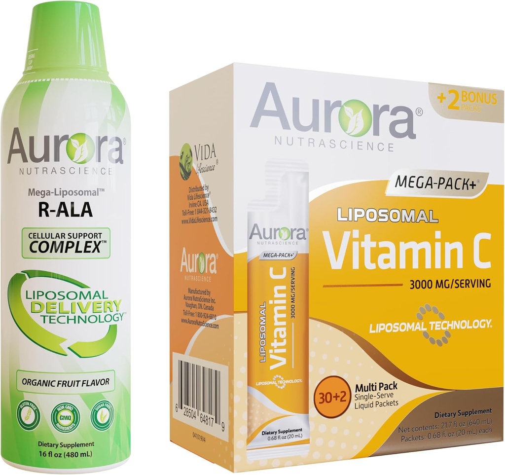 Aurora Nutrascience Mega-Liposomal R-ALA עם CoQ10 & L-Carnitine Complex & Mega Liposomal ויטמין C, 3,000 מ"ג Bundle