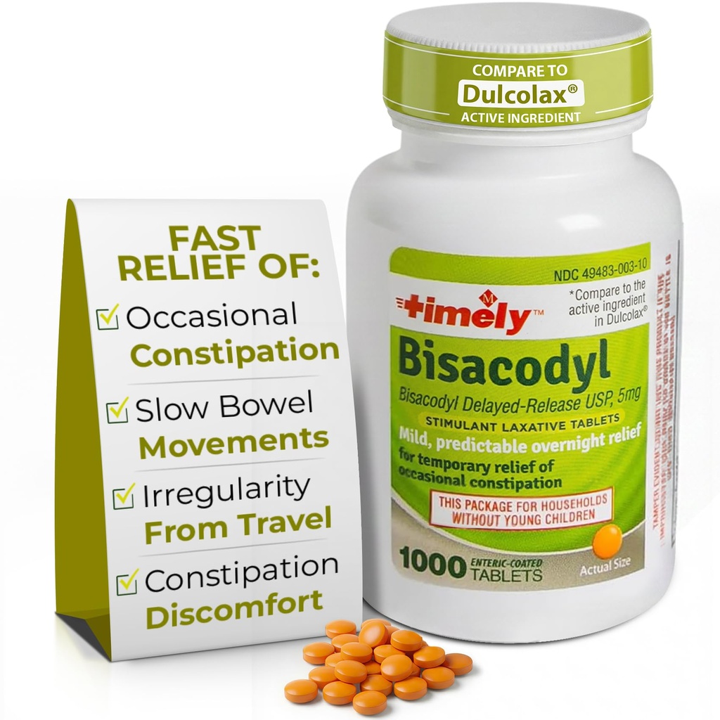 Timely Laxative Bisacodyl 5 מ"ג טבליות - Stimulant Laxatives עבור Constipation Fast Acting & Gentle - Overnight Constipation הקלה למבוגרים -1000 טבליות