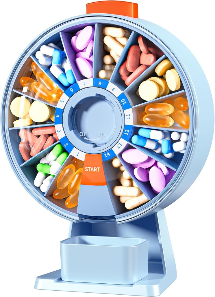 Zoksi גדול גלולות מארגנת, Daily Pill Box עבור 7 או 14 ימים, וול-הר פיל Dispenser להחזיק ברפואה, ויטמין או תוספים, מקרה גלולות שבועי עם Easy Press Button (כחול)