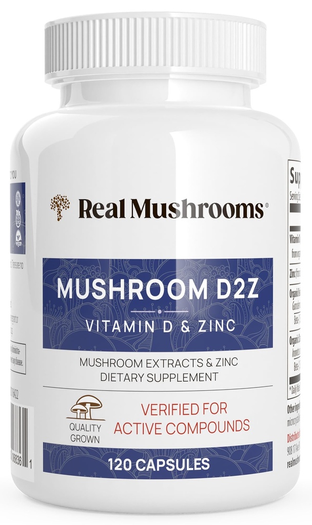 Real Mushrooms Zinc ווויטמין D2 קפסולות - עם צ'אגה אורגנית ו-Reishi Mushroom Extracts - ויטמינים לתמיכה כללית של בריאות - טבעוני, non-GMO, Gluten-Free - Count Mushroom תוסף