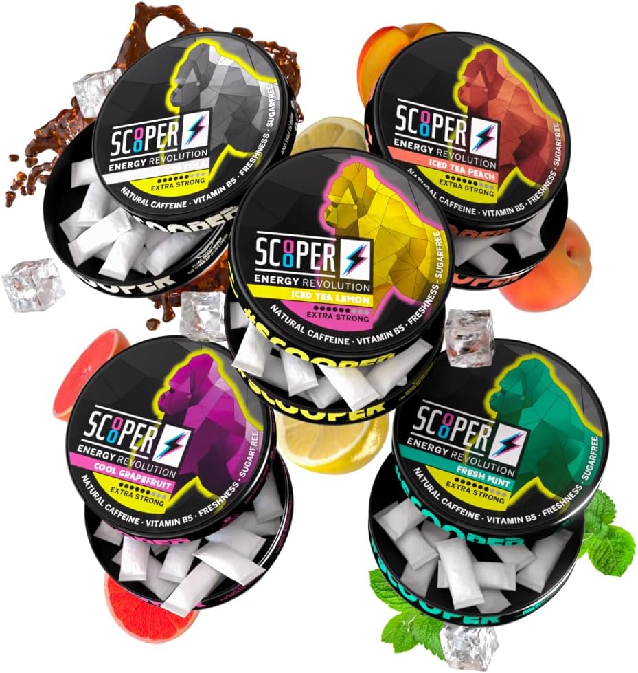סקופ אנרגיה I 5 Cans I All-in-One-Box I Energy Pouches Sugarfree I 80 מ"ג Natural Caffeine All Flavour Pack I 12 Pouches I Cool Grapeפרי, Fresh Mint, Iced Cola, Iced Peach & Lemon Tea