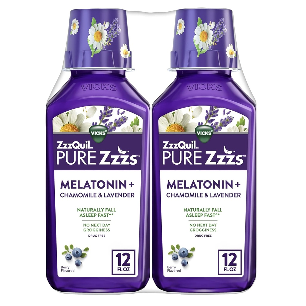 ZzzQuil Pure Zzzs Melatonin נוזל, Sleep Aid, Melatonin נוזלי מלטונין 2 מ"ג, עם Chamomile & Lavender, Fall Asleep Fast, Melatonin Sleep Aids for Adults, ברי פלאמורד, 2 Pack, 24 FL OZOZZOZZZLL ו-Lavender.