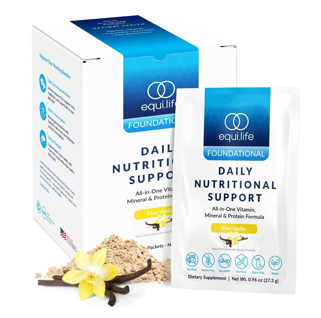 EquiLife Daily Nutritional Support, All-in-One Multivitamin Meal החלפת, Pure Vanilla Flavor, 15G צמחי חלבון, תומך הכולל אנרגיה, עיכול ועור, 14 Packets