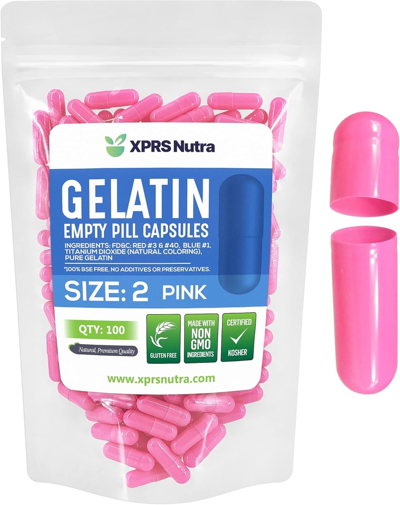 XPRS Nutra Size 2 קפסולות ריקות - 100 הרוזן ריק Gelatin קפסולות - Pills DIY כמוסות מילוי - Pure Bovine Pill Gel Caps for Do-It-Yourself Supplements (Pink)