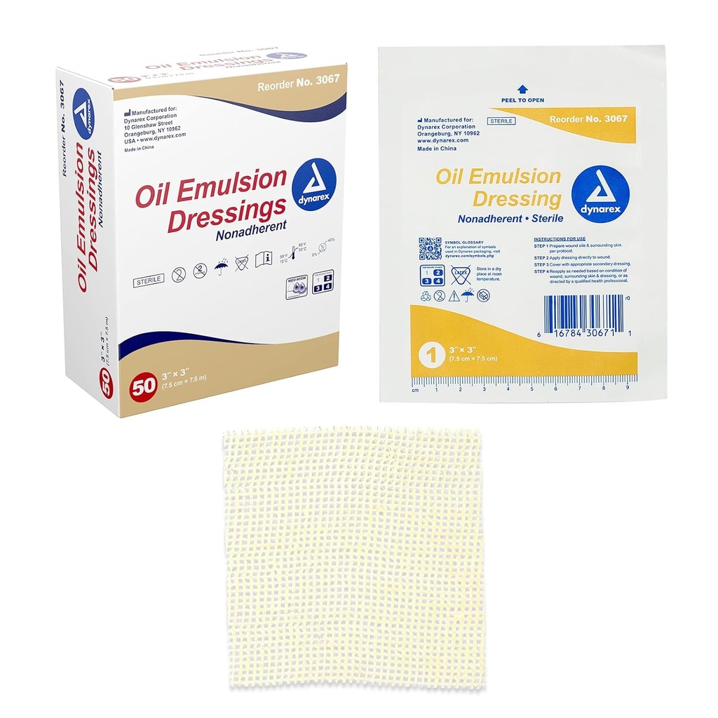 דינארקס שמן Emulsion Dressings, Wound Care, Absorbent, 3 " x 3" Sterile Knted Gauze Dressing with Emulsion Band of Petrolatum ו- Sunflower Oil, 1 Box of 50 שמן Emulsion Dressings