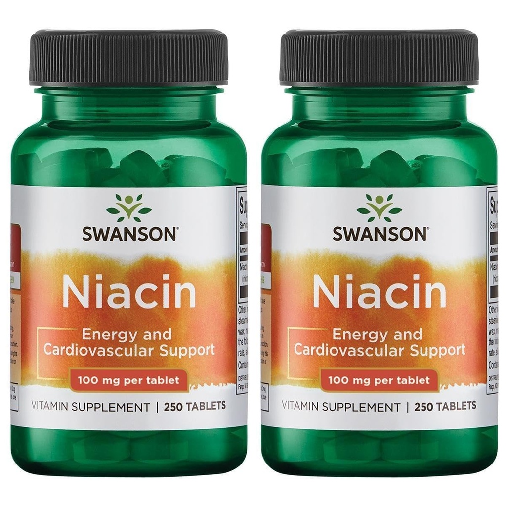 Swanson Niacin (Vitamin B3) - תוסף ויטמין תומך בריאות הלב ו carbohydrate Metabolism - מקדם ייצור אנרגיה טבעית - (250 טבליות, 100 מ"ג NE כל) (2 Pack)