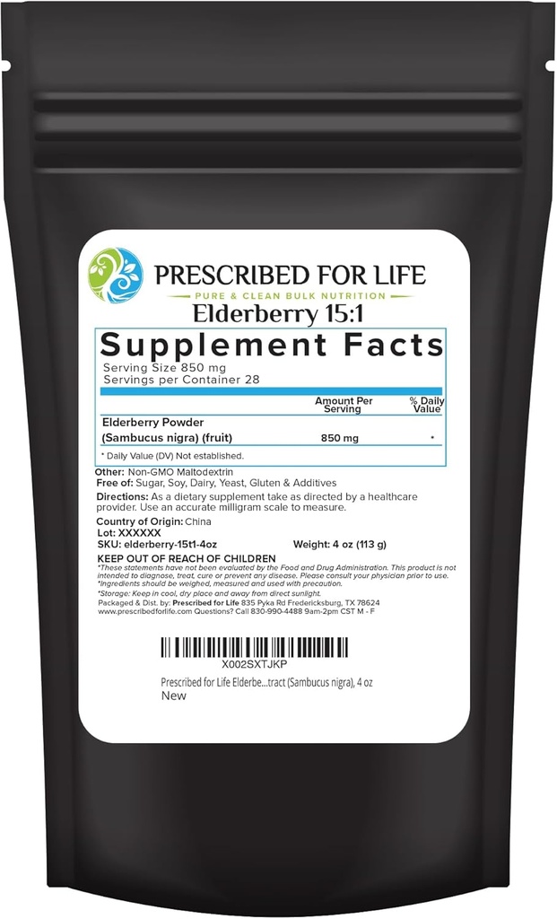 For Life Elderberry אבקת, אבקת Elderberry למבוגרים, תוכן ויטמין C גבוה, מלא Dietary סיבים ואנטיoxidants, טבעוני, Gluten Free, non GMO (4oz / 113g)