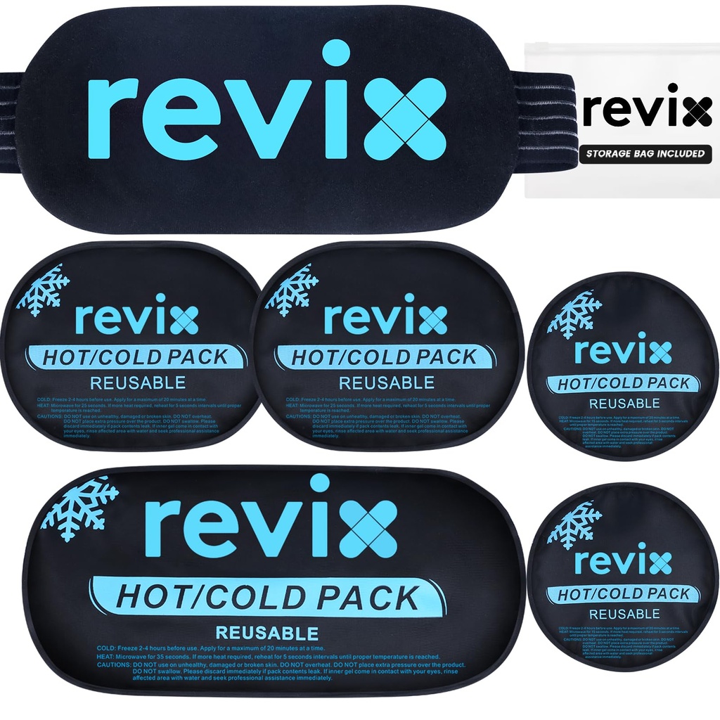 REVIX Ice Packs for Injuries Reusable, 5-Piece Set Hot and Cold Gel Ice Pack for Joints, השרירים, Post-Workout Recovery, אדים מכווננים וגמיים לברך, Back, Arms וצוואר