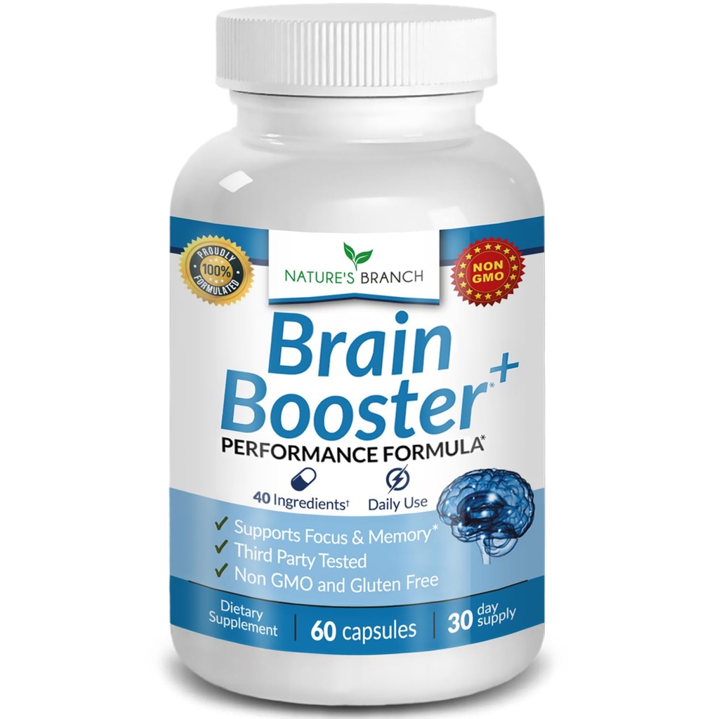 40-in-1 Brain Booster תוסף עבור Focus, Memory, Clarity, Energy | ויטמינים מתקדמים פלוס eBook | עבור גברים ונשים, תמיכה פונקציונלית קוגניטיבית Nootropic עם DMAE, Mind Health Formula | 60 קפסולות