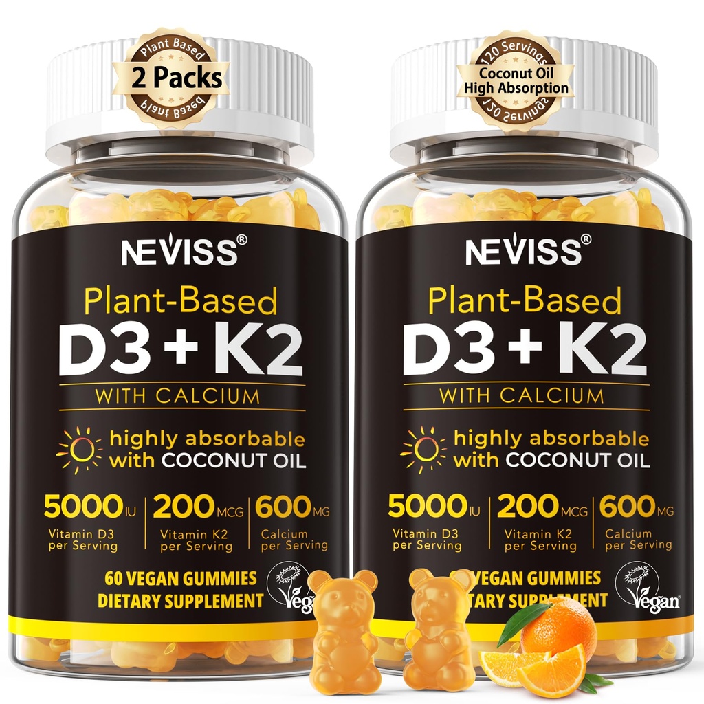 ויטמין D3 5000iu & K2 (כ MK7) 200 מ"ג חניכיים + 600 מ"ג Calcium, עם שמן קוקוס עבור Absorption גבוהה, ויטמין כוח מקסימלי D3 K2 - תמיכה עבור עצמות שריר השיניים Immune, 2Packs טבעוני 2Packs