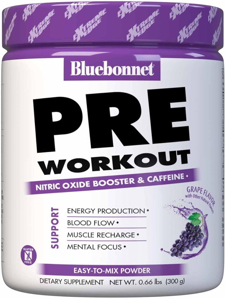 BlueBonnet Nutrition Extreme Edge טרום אימון, מגביר את רמות Nitric Oxide (NO) 30 משרתים, Grape Flavor, 10.56 Oz