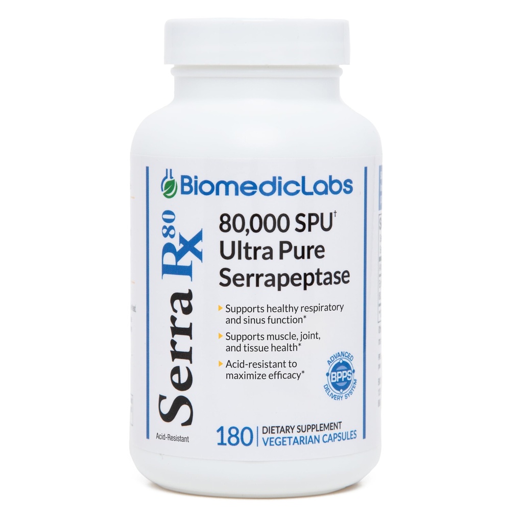 Serra-RX 80,000 SU Serrapeptase - Acid-Resstant Proteolytic Systemic Enzyme, Non-GMO, Gluten Free, Vegan, תומך Sinus & Lung Health, 180 קפסולות Veg
