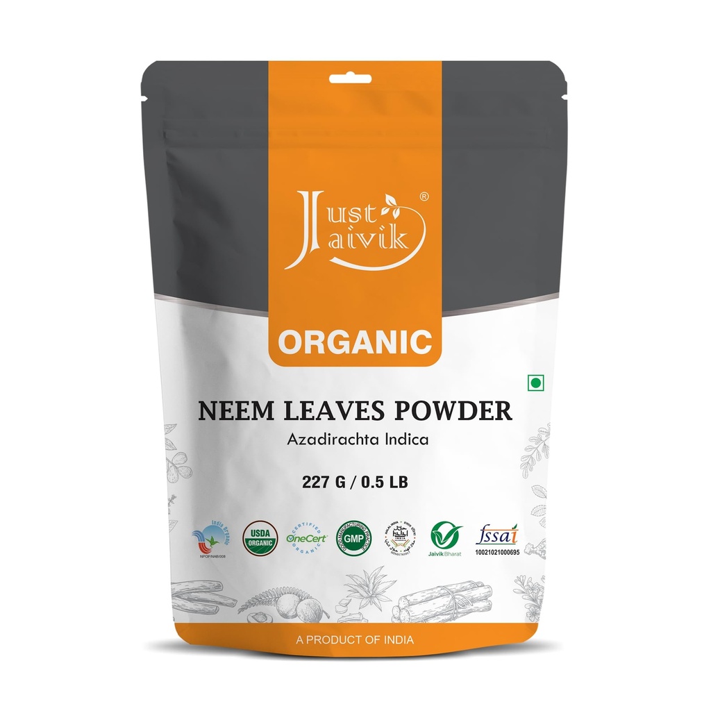 Just Jaivik 100% אורגני Neem Leaves אבקת - USDA מוסמך אורגני, 227 GMS / 1/2 LB פאונד / 08 Oz - Azadirachta Indica - קידום שיער בריא ו Clear Skin (a USDA אורגני מוסמך Herb)