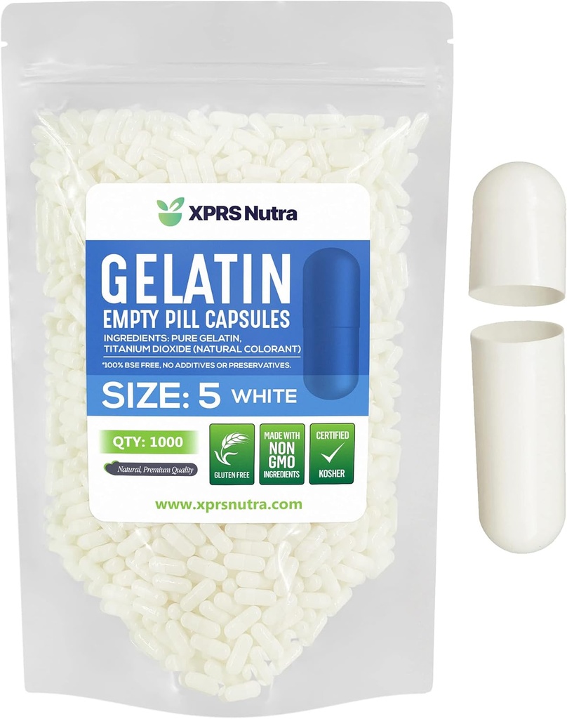 XPRS Nutra Size 5 קפסולות ריקות - 1000 Count Small Gelatin קפסולות - Pills Diet Filling - Fillable Pill Gel Caps for Do-It-Yourself תוספי ויטמינים (לבן)