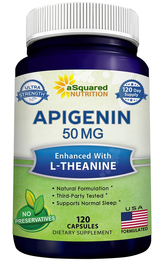 ASquared Nutrition Apigenin 50mg & L-theanine 200 מ"ג - 120 קפסולות - גלולות תוספת Apigenin עבור שינה ומנוחה - טבעי bioflavonoid לחלץ נמצא Chamomile Tea