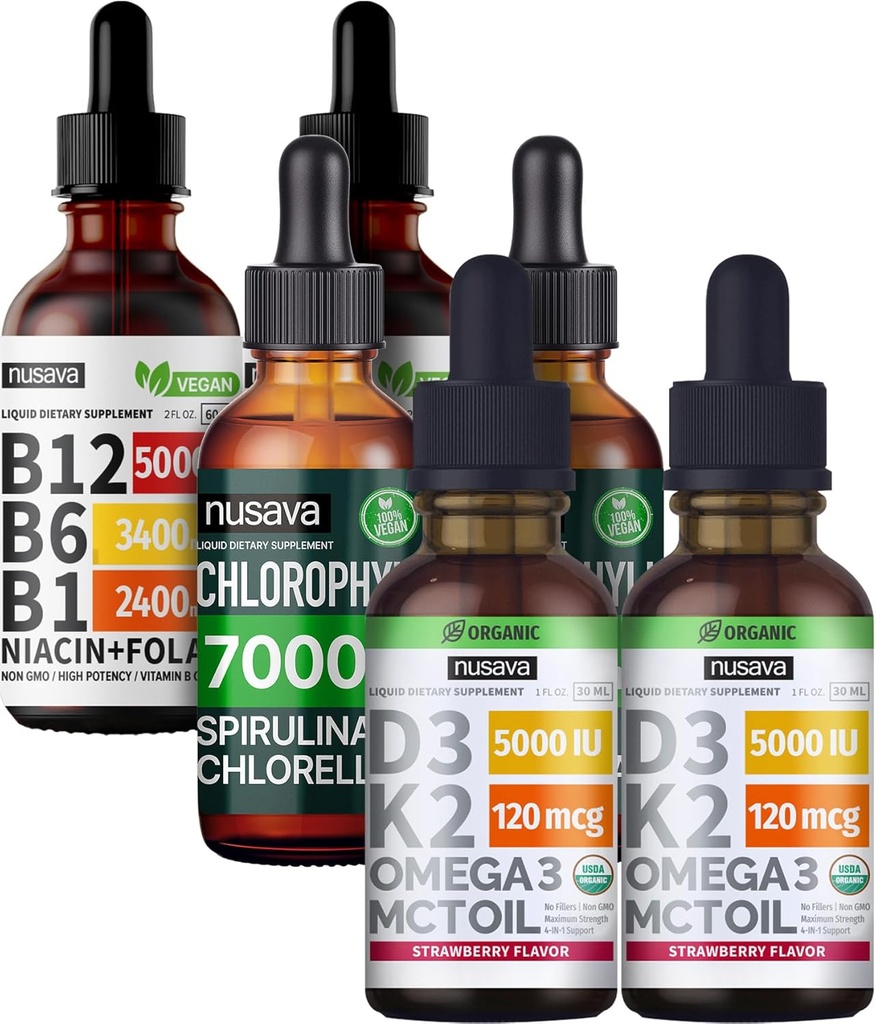 NUSAVA Strawberry Flavored D3 K2, Chlorophyll, & ויטמין B12 טיפות נוזל טיפות בונדלה - ויטמין נוזלי פוטרנט עבור הלב, אנרגיה, המוח ותמיכה - non-GMO, Gluten-Free, 2pk כל אחד