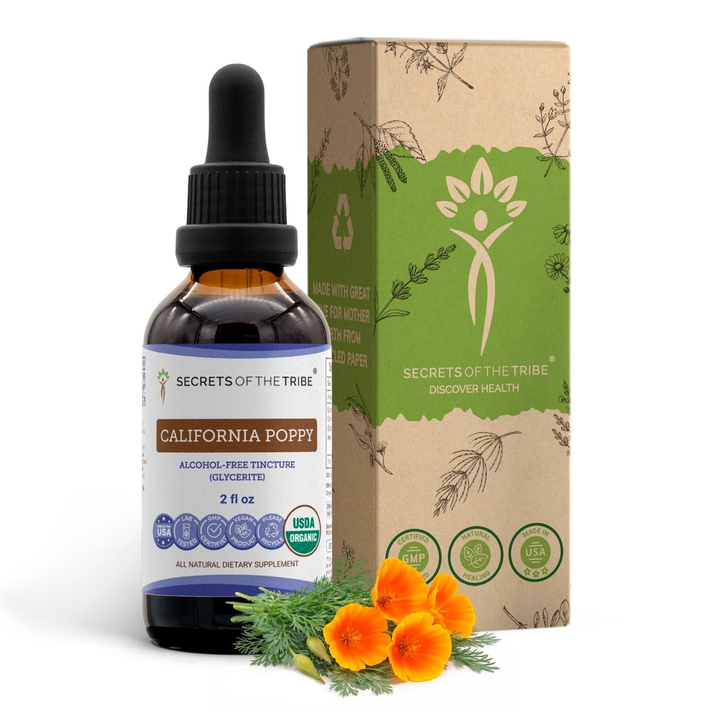 סודות של השבט קליפורניה פופי Tincture אלכוהול חינם לחלץ, USDA אורגני קליפורניה פופפי (Escholzia Californica) Dried Root (2 FL OZ)