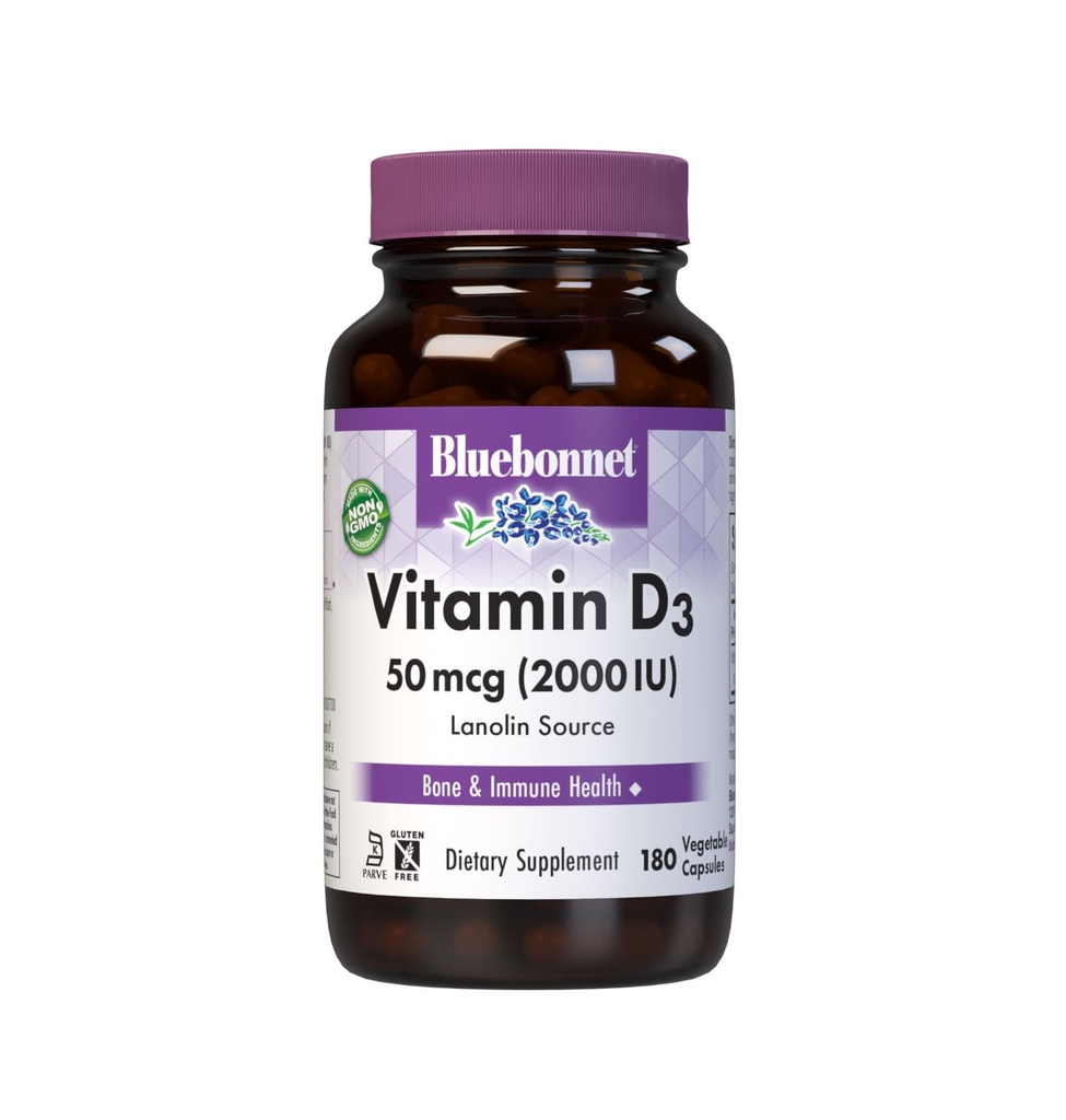 Bluebonnet Nutrition ויטמין D3 2000 IU ירקות קפסולת, סיוע בשרירים וצמיחה Skeletal, Cholecalciferol מ Lanolin, D3, Non GMO, Gluten Free, Soy Free, Milk Free, כשר, 180 קפסולת ירקות