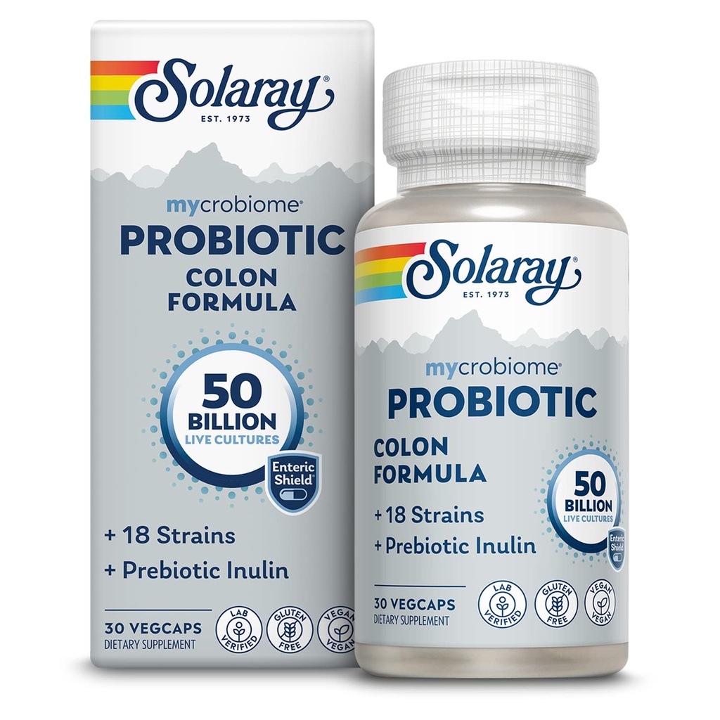 SOLAרי Mycrobiome Probiotic Formula, Vegan, Digestive Function, Colony Health, ו- Immune System Support, 50 מיליארד CFU, 18 סטרינס, Prebiotic Inulin, 60 יום ערבות, 30 משרתים, 30 VegCaps
