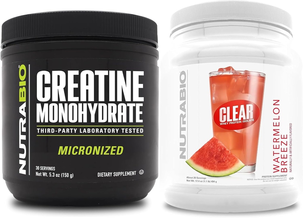 NutraBio Creatine Monohydrate, Unflavored, (150 גרם) ו Clear Whey חלבונים Isolate, (Watermelon Breeze) תוסף Bundle - שריר אנרגיה, צמיחה מקסימלית, התאוששות וכוח