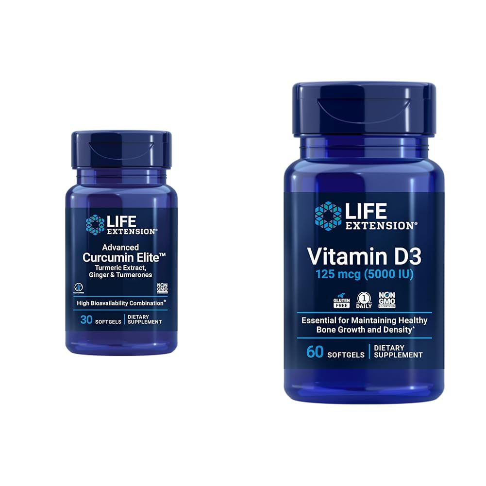 Life Extension Curcumin Elite Turmeric ג'ינג'ר פלט & ויטמין D3 5000 IU Softgels - תגובה חיסונית בריאה ועצם המוח בריאות - 30 & 60 Count