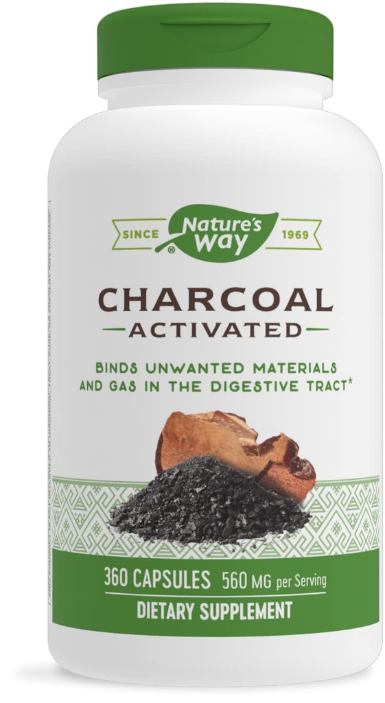 דרכו של הטבע הפעילה Charcoal, Binds Unwanted Materials and Gas in the Digestive Tract*, 560 מ"ג עבור משרת 2Capsule, 360 קפסולות (Packaging May Vary)