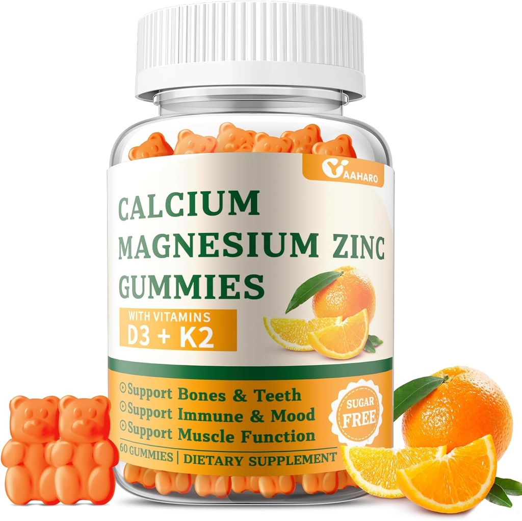 Calcium Magnesium Zinc Gummies עם ויטמין D3 & K2 - סוכר חינם Calcium חניכיים עבור נשים וגברים - תמיכה העצם & Immune - non-GMO, Gluten-Free, כתום פלאמורד - 60 חניכיים