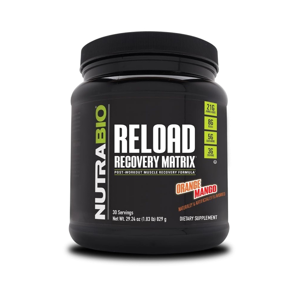 NutraBio Reload - Powerful Muscular Recovery Formula - Post-Workout Supplement - 3G Creatine - 8G BCAAs - 5G Glutamine - 30 משרתים, אורנג' מנגו