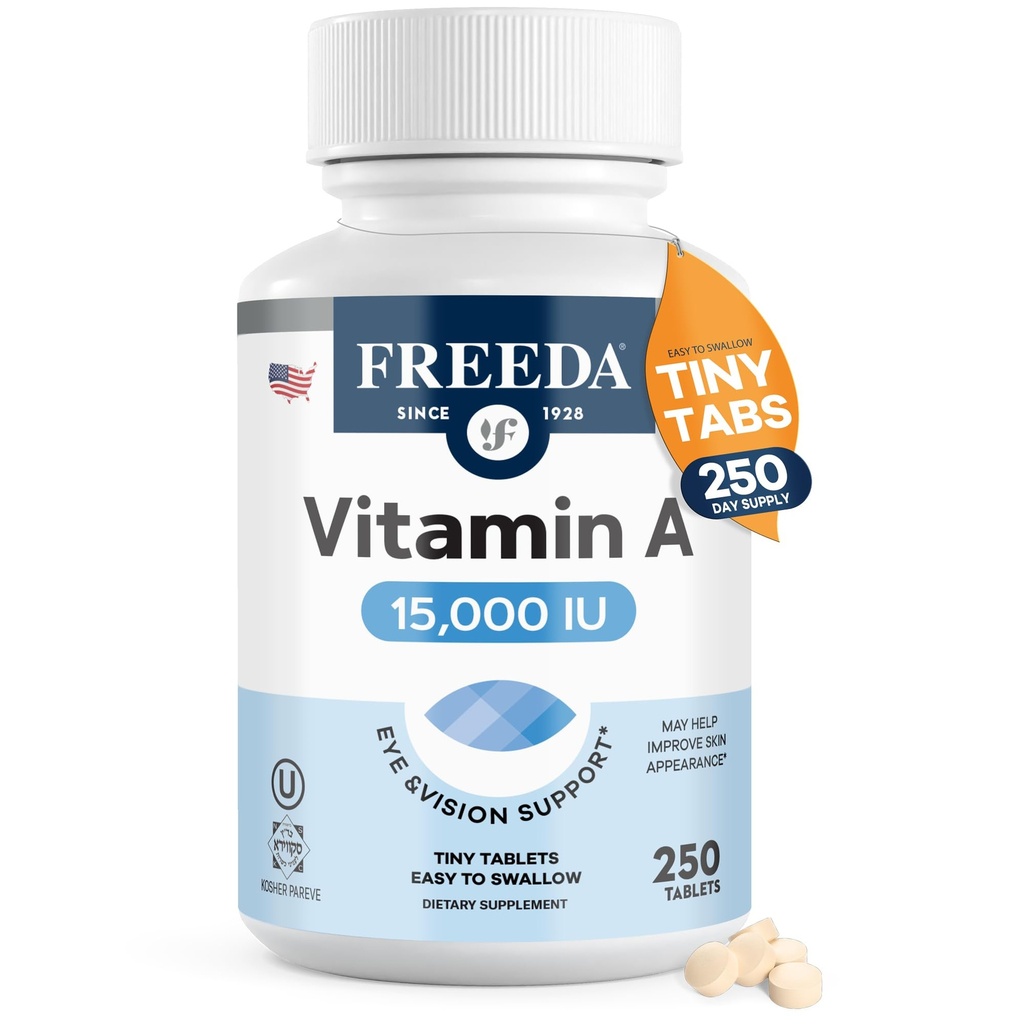 Freeda ויטמין A 15,000 IU - Retinyl Palmitate - טבעוני, כשר, No Fish - Eye, Vision, Immune & Skin Support - Tiny Easy-to-Swallow Tablets - VIT A ויטמיןA - 250 טבליות