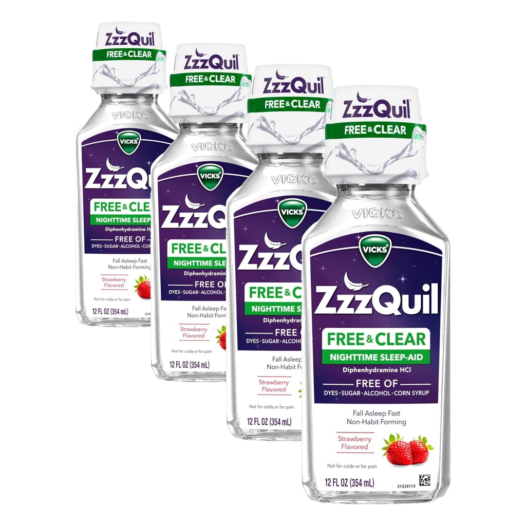 ZzzQuil, Nighttime Sleep Aid נוזלי, ללא אלכוהול & A מלאכותי Dyes, 50 מ"ג Diphenhydramine HCl, No1 Sleep Aid Brand, Fall Asleep Fast, Non-Habit Forming, Soothing Berry Flavor, 12 FL OZ (Pack of 4)