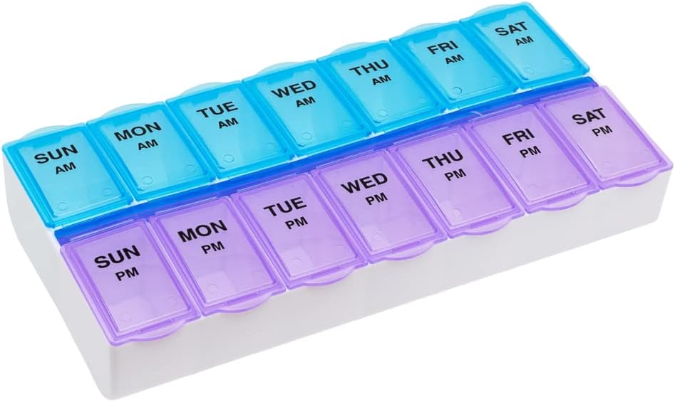 EZY DOSE Weekly (7-Day) AM/PM Daily Pill Case, Medicine Planner, Vitamim, Fish Oil, תוספים מאורגנים, השוואות גדולות, 2 פעמים ביום, כחול וסגול Lids, BPA Free Lids