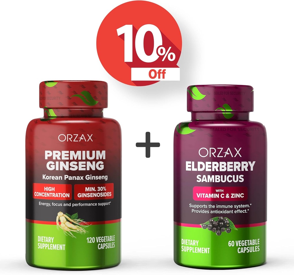 ORZAX גינזנג, 30% גינזנוסיידס, Premium 120 קפסולות ירקות וקפסולות ישנות, 2000mg 60 קפסולות ירקות, Bundlele