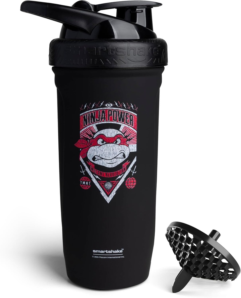 Smartshake TMNT Ninja Power Reforce Stainless Steel חלבון Shaker 900 מ"ל | 30 oz - Leakהוכחה Screw-on Lid - BPA חינם - יוניסקס שחור
