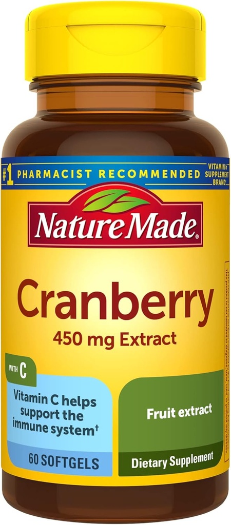 Nature Made Cranberry עם ויטמין C, תוספת תזונתית לתמיכה Immune ואנטיoxidant, 60 Softgels, 30 יום אספקה