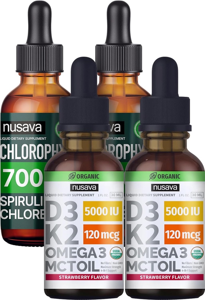 NUSAVA Strawberry Flavored D3 K2 Drops ו- Chlorophyll נוזל טיפות בונדלה - ויטמין נוזלי פוטרנט ללב, משותף, אנרגיה, ותמיכה Immune - non-GMO, Gluten-Free, 2pk כל אחד