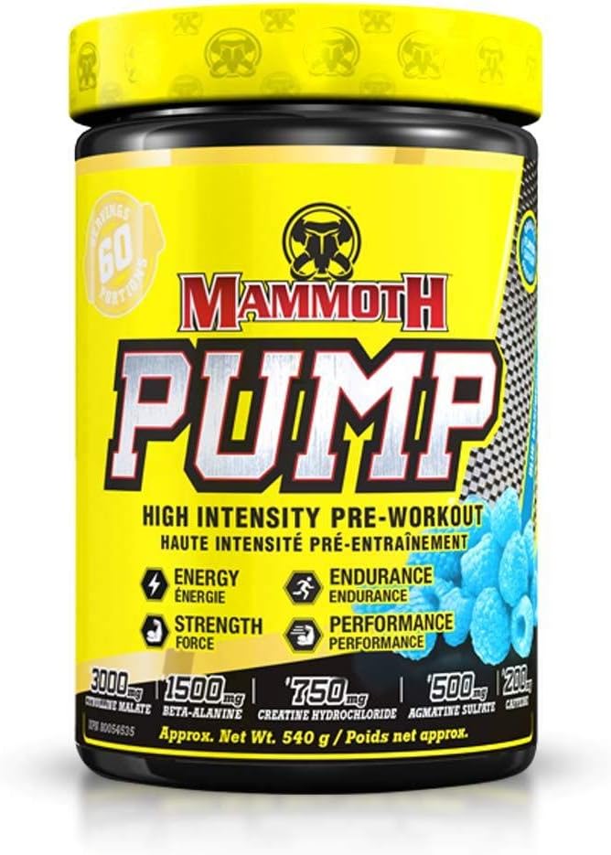 MAMMOTH PUMP - אבקת טרום עבודה, משאבות שרירים גבוהות, להגדיל את העוצמה והנסורנס, תוספת כוח ואנרגיה, ריכוז מוגדל, התאוששות מהירה, צמצום Soreness (60 משרתים, כחול כחול