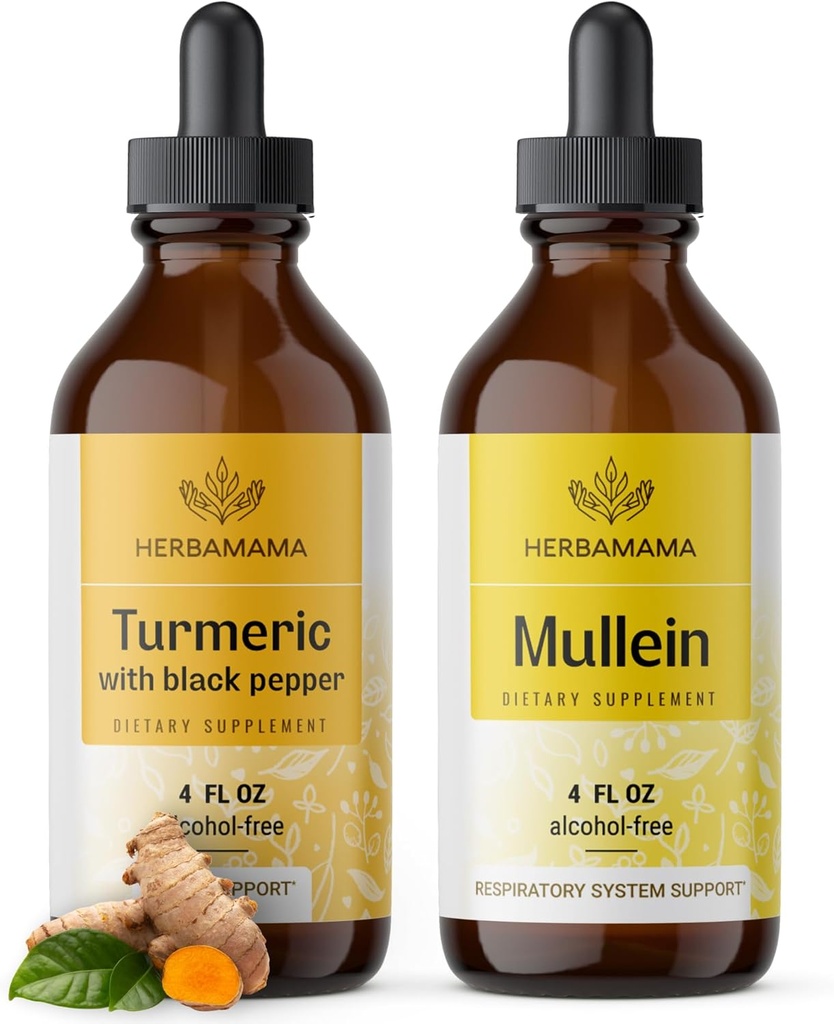 HerBAMAMA נוזל טיפות Kit - Bundle of Turmeric Curcumin Extract & Mullein Leaf Tincture - טבעוני, Non-GMO, Sugar & אלכוהול חינם - 2 Pack