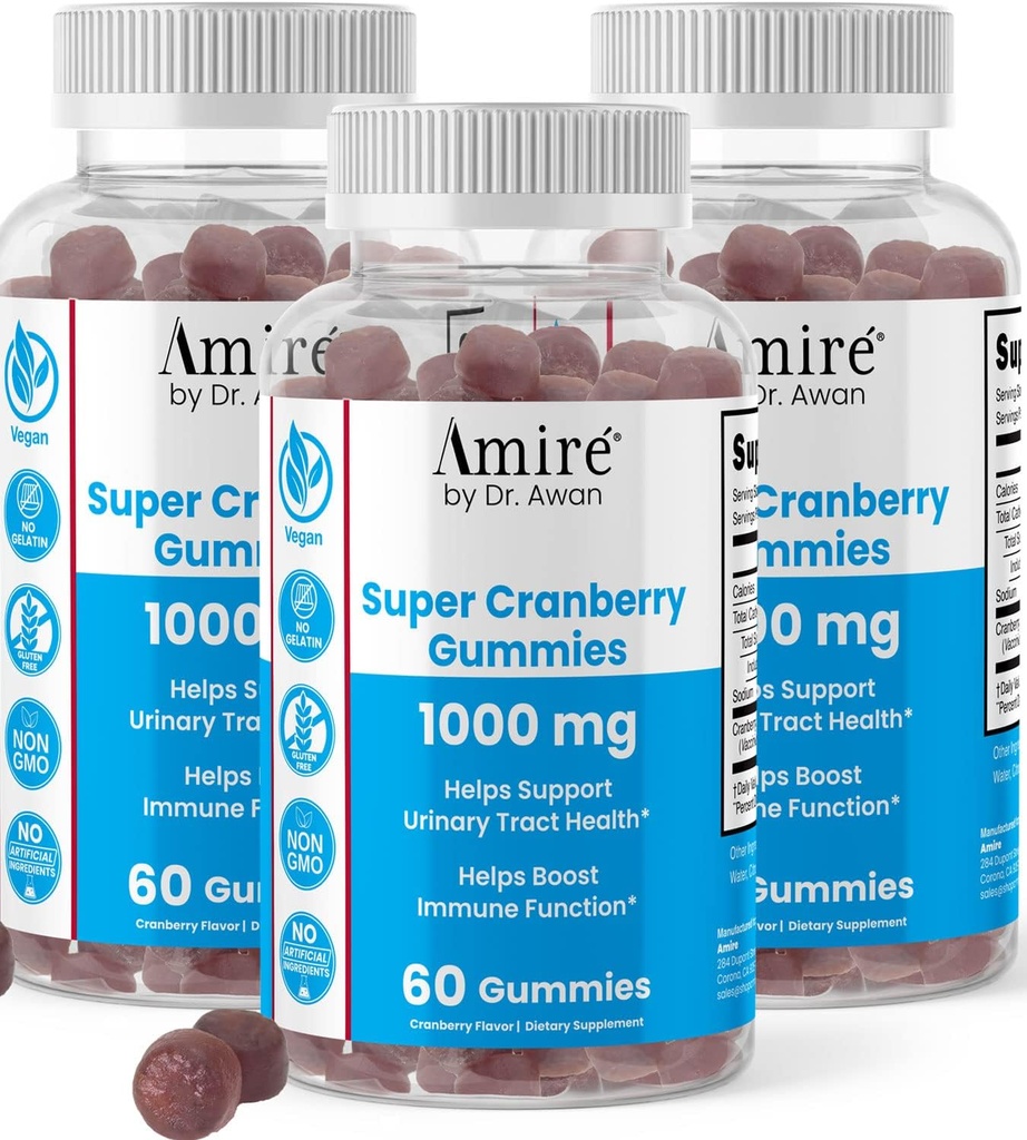עמיר על ידי ד"ר Awan Super Cranberry Gummies, Helps Support Urinary Tract Health, Helps Boosts Immune Function, Gelatin-Free Cranberry Chews for Men & Women, 180ct, 90-Day Supply.