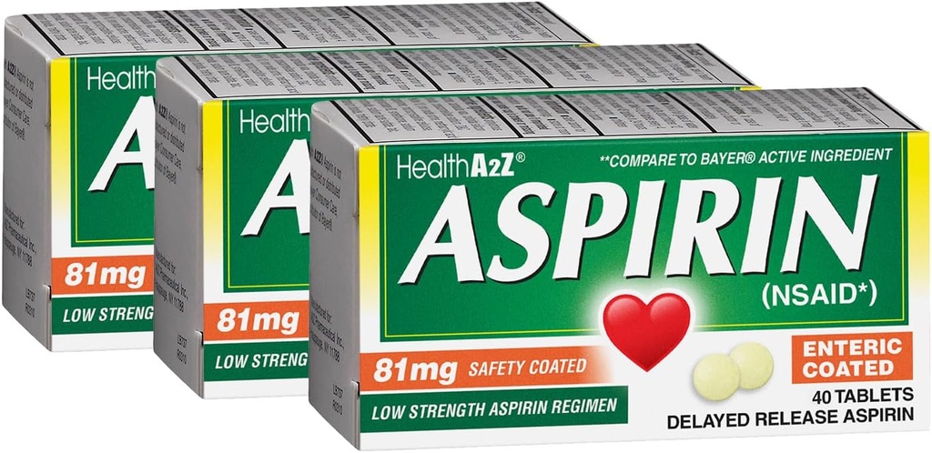 בריאותA2Z® Aspirin 81 מ"ג | כוח נמוך | Enteric Coated | Pain Relief | צמצום כאבי כאבי בטן קטנים וכאבי כאבי כאבי בטן & Cramps