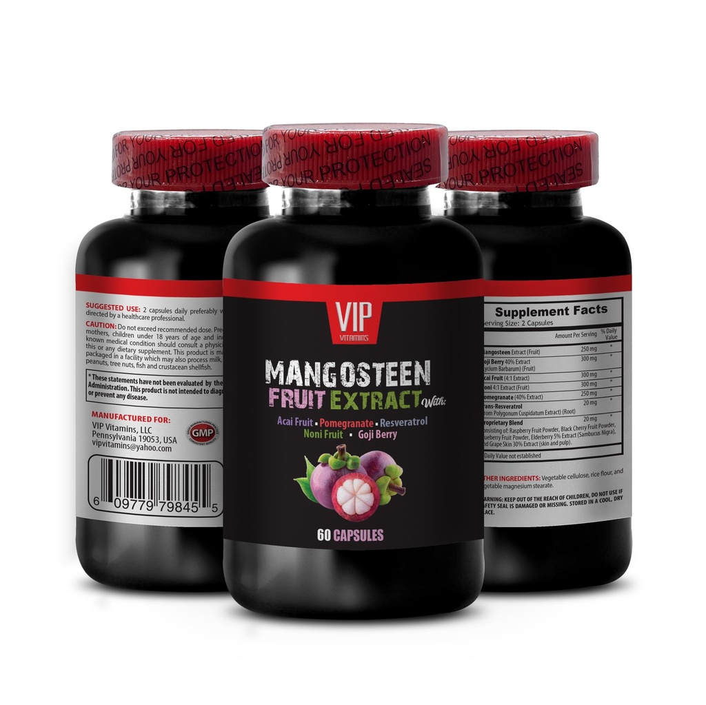VIP VITAMINS Mosteen, Mosteen לחלץ - מנגוsteen פירות לחלץ - Acai Brad, Goji Berry, Pomegranate, Noni, Trans-Resveratrol, Elder פירות, Grape Skin - 1 בקבוק 60 קפסולות