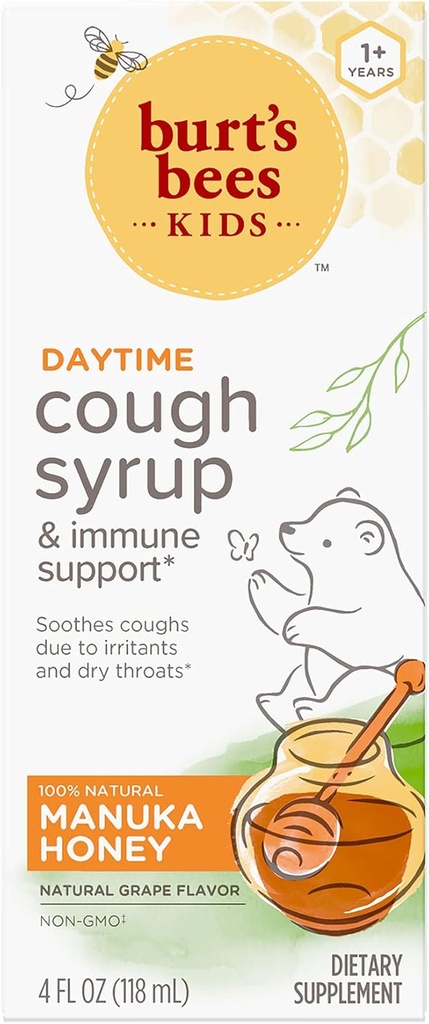 Burt's Bees Kids Day Cough Syrup ו- Immune Support, Natural Grape Flavor, Dietary Supplement, 4 Fl Oz