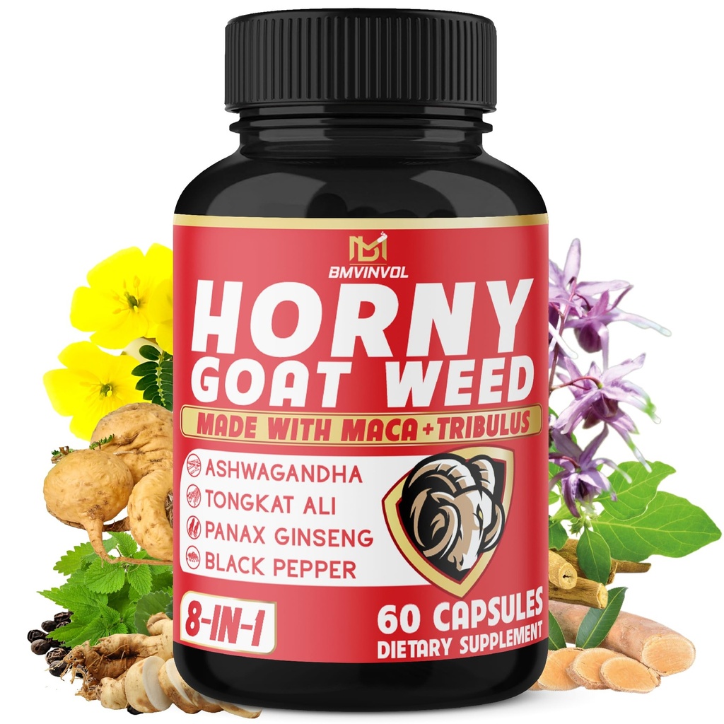 BMVINVOL Hory Goat Weed כמוסות עם Tribulus, Geneseng, Ashwagandha, Maca, Tongkat Ali, Nettle, Black Pepper - 60 Count Count