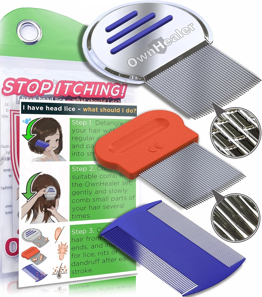 LEALER Professional Lice Comb Kit - עבור Lice, Nits, ו Dandruff Removal. תוצאות מהירות עבור טיפול Lice הראש - מתאים לכל סוגי השיער. Pine para piojos y liendres.