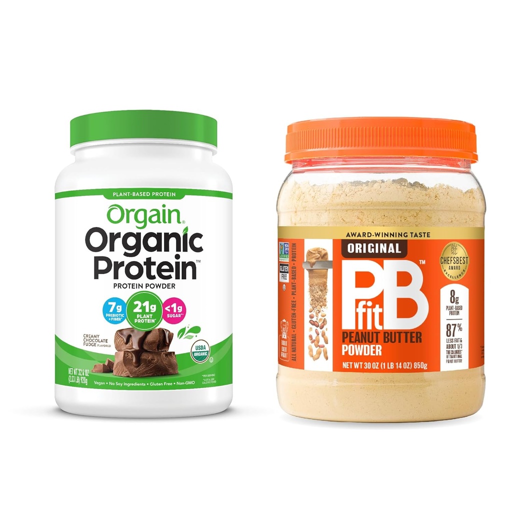 Orgain אורגני אבקת חלבון טבעוני, שוקולד Fudge 2 lbs + PBfit המקורי 30 oz