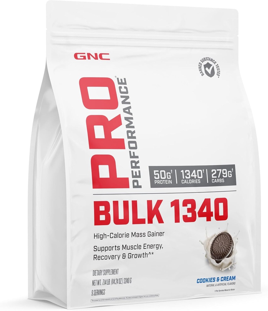 GNC Pro Performance Bulk 1340 Mass Gainer חלבון אבקת, 50g, Gluten Free, Whey, Creatine, BCAA, צד שלישי נבדק, התאוששות שרירים וצמיחה, מיקרו-תזונה, קובצי Cookie ו Cream, 9 משרתים.